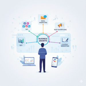 Digital marketing kya hai: Illustration of various digital marketing channels like SEO, social media, and email, leading to business growth.